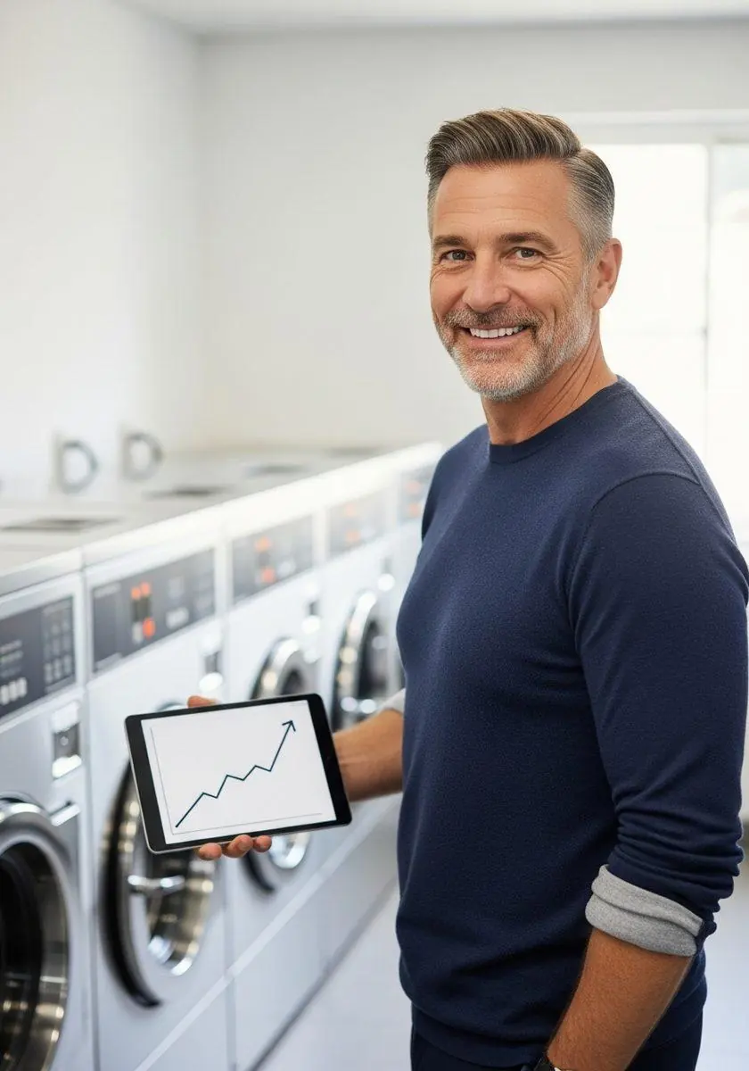 Property owner viewing rising laundry revenue on a tablet
