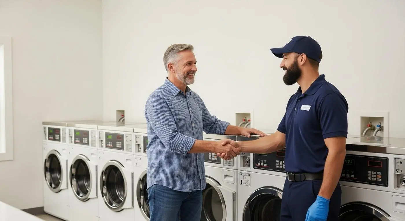 Property owner shaking hands with an Art's laundry technician
